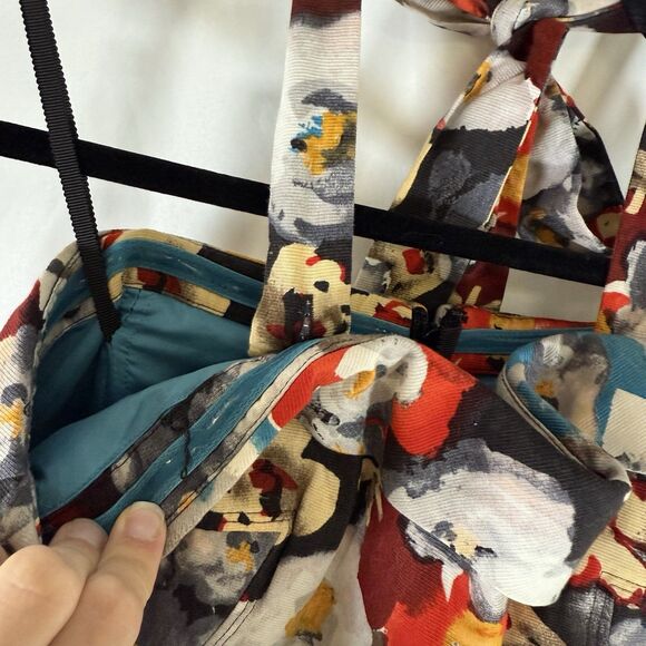 Hitherto Anthropologie Dress Women's 14 Blue Red Floral Zip Back Sleeveless Tie - Picture 5 of 14